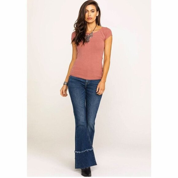 Miss Me Denim - Miss Me 29 (7/8) High Rise Flare Women’s Jeans Frayed Fringe Hems Stretch